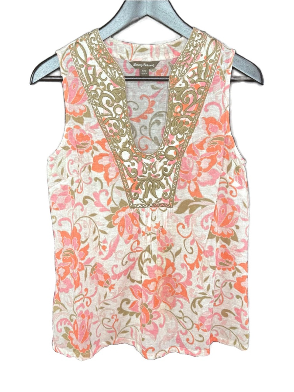 Tommy Bahama Coral Floral Embroidered V-Neck Sleeveless Top Runs Big